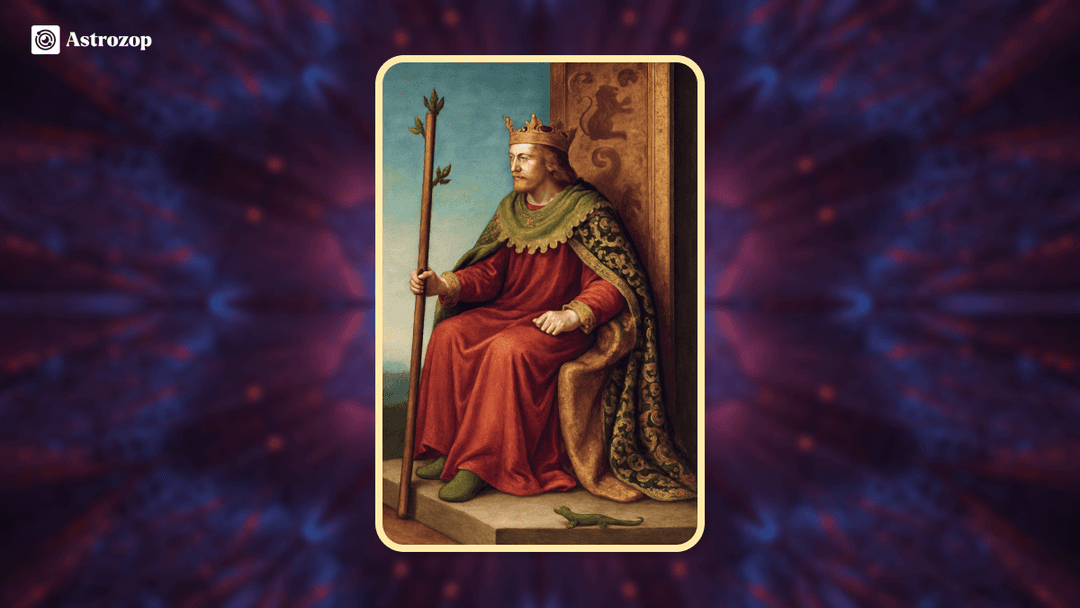 King of Wands tarot card image showing a king seated on his throne holding a wand
