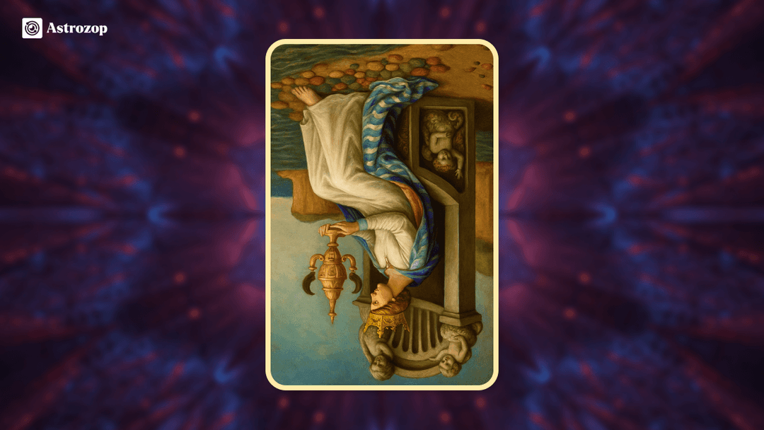 Reversed Queen of Cups tarot card showing the queen upside down