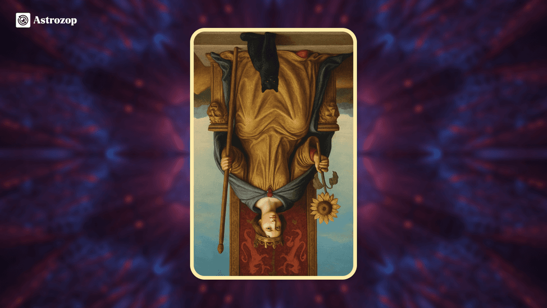 Reversed Queen of Wands tarot card image showing the queen upside down with her wand